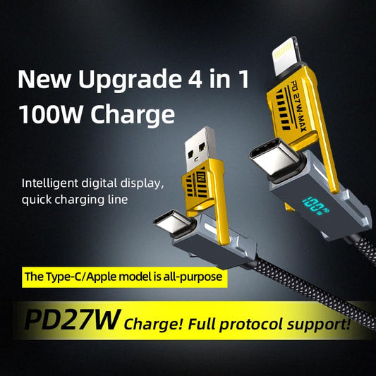 4 in 1 USB C Cable Lightning Cable PD 100W Fast Charging & Data Sync Flat Braide Multi Charging Cable Lightning/Type C/USB A Ports for MacBook, iPad, iPhone, Samsung