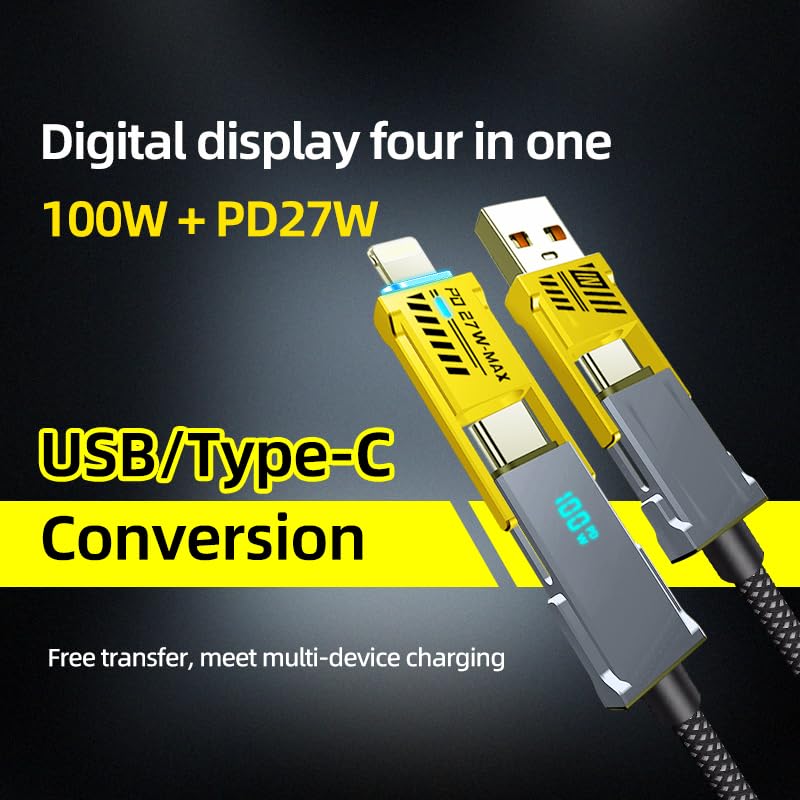 4 in 1 USB C Cable Lightning Cable PD 100W Fast Charging & Data Sync Flat Braide Multi Charging Cable Lightning/Type C/USB A Ports for MacBook, iPad, iPhone, Samsung