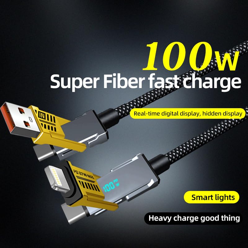 4 in 1 USB C Cable Lightning Cable PD 100W Fast Charging & Data Sync Flat Braide Multi Charging Cable Lightning/Type C/USB A Ports for MacBook, iPad, iPhone, Samsung